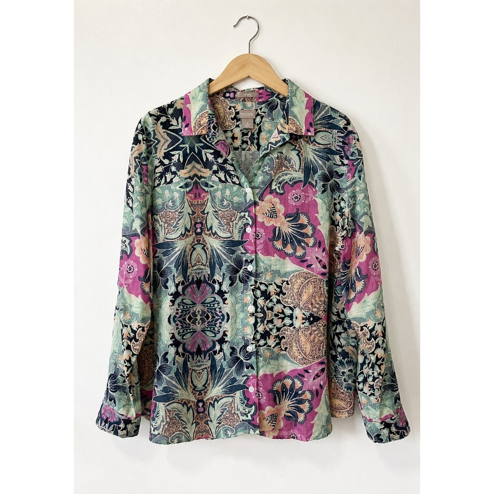 Chicos No-Iron Linen Floral Roll-Tab Shirt 3 (XL 16/18) NWOT Resort Pastel Top